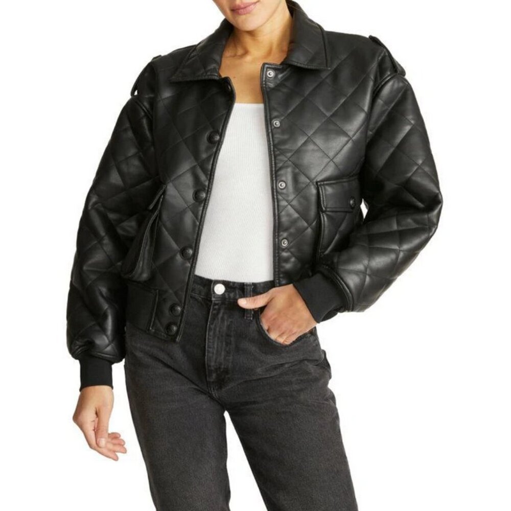 Rebecca Minkoff Sz. XL NWT Black Quilted Vegan Leather Bomber Jacket Biker Moto
